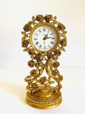 Vintage Rococo & Art Nouveau Style, German Made, Gold Gilt Roses Desk Clock